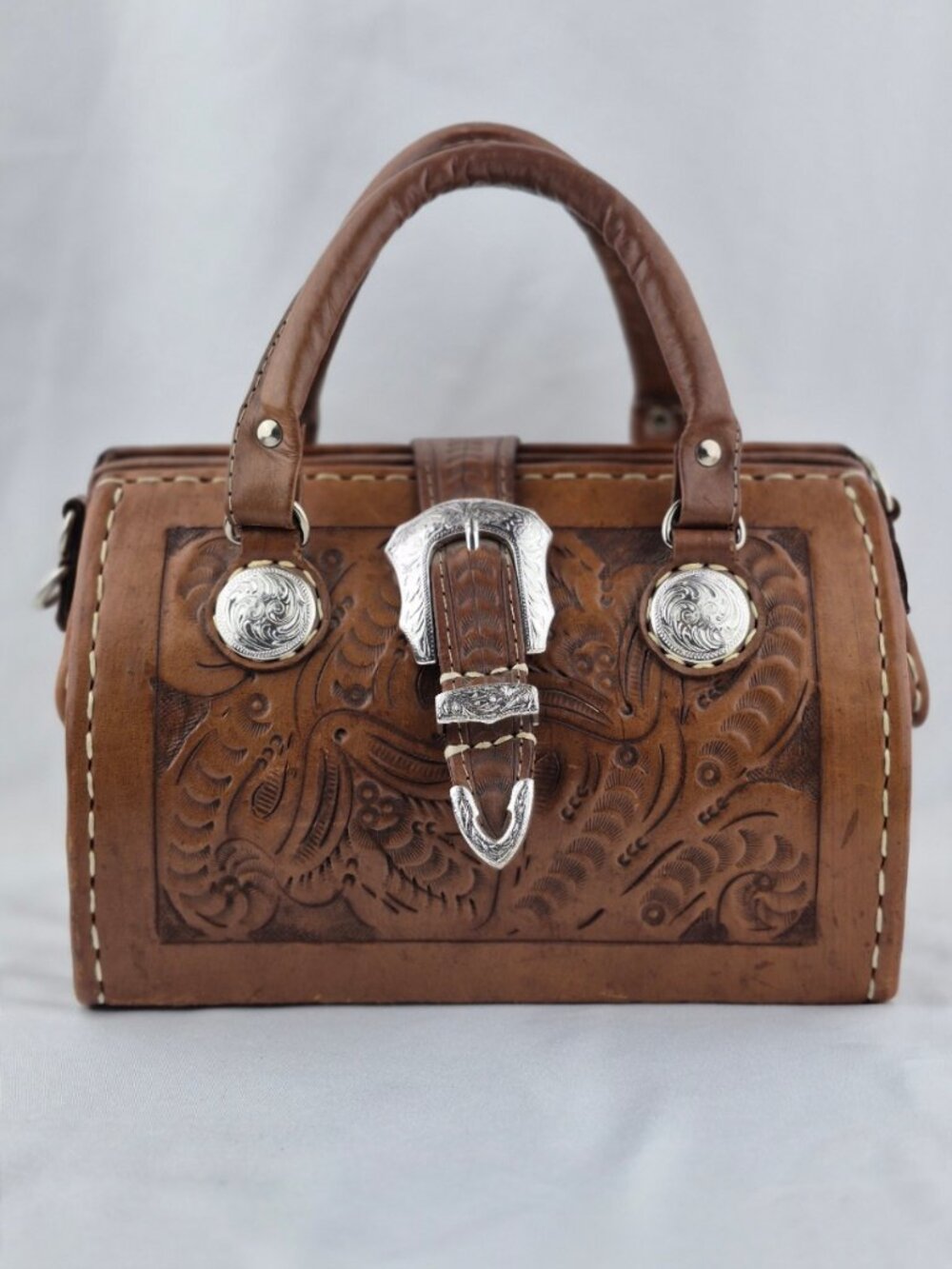 Vtg ForceTen Tool Leather Western Doctor Bag Satchel Silver Concho Embossed
